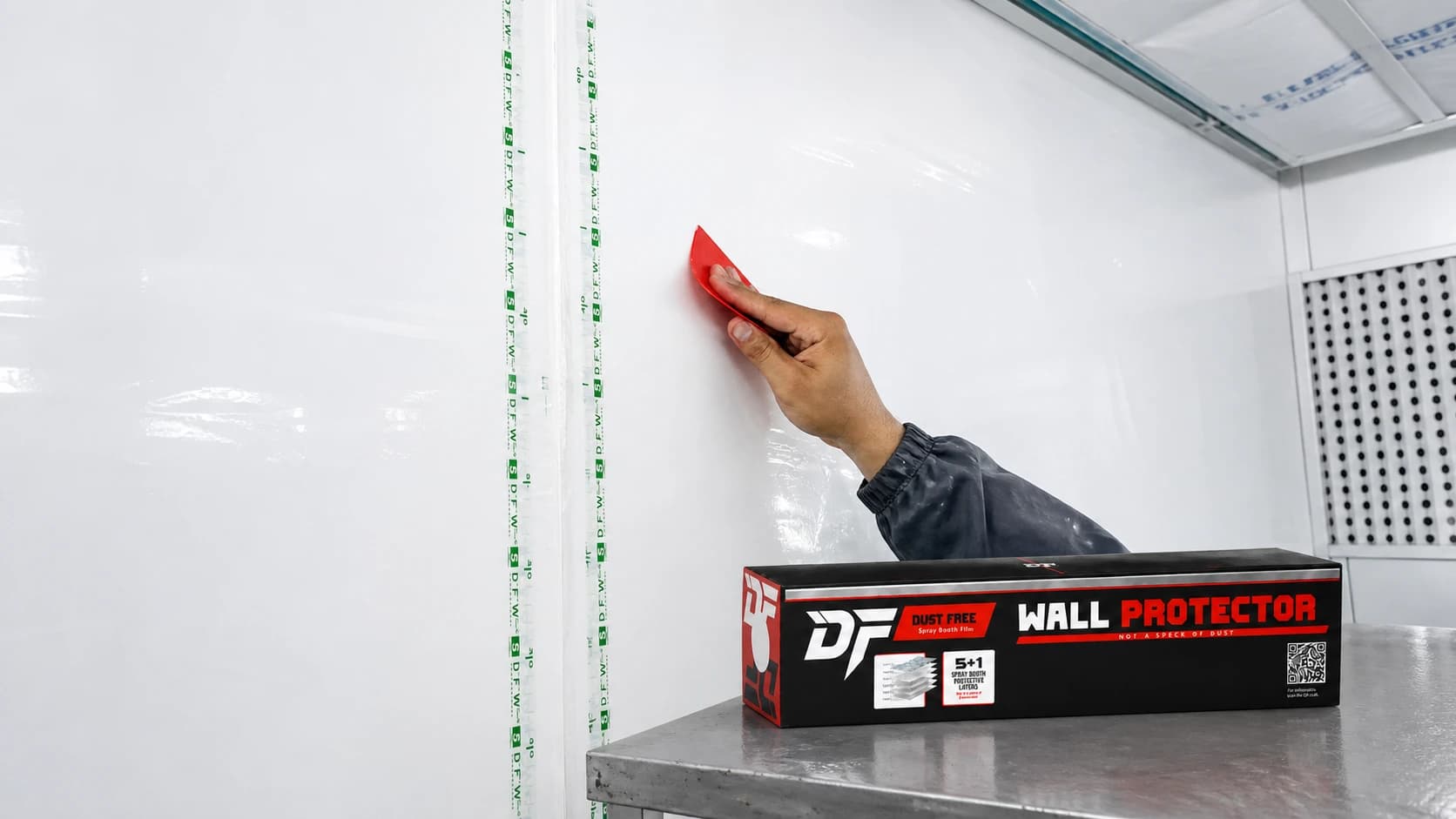 Real Dust Free Film installation showing the overlapping seam, printed layer indicators and integrated measuring marks